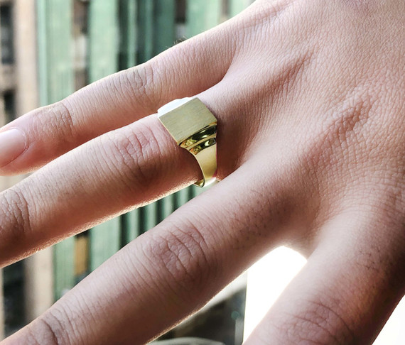 Engravable Solid Gold Men's Signet Ring on female model