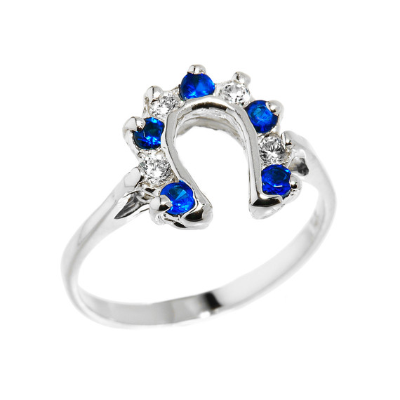 Sterling Silver White and Blue CZ Ladies Horseshoe Ring