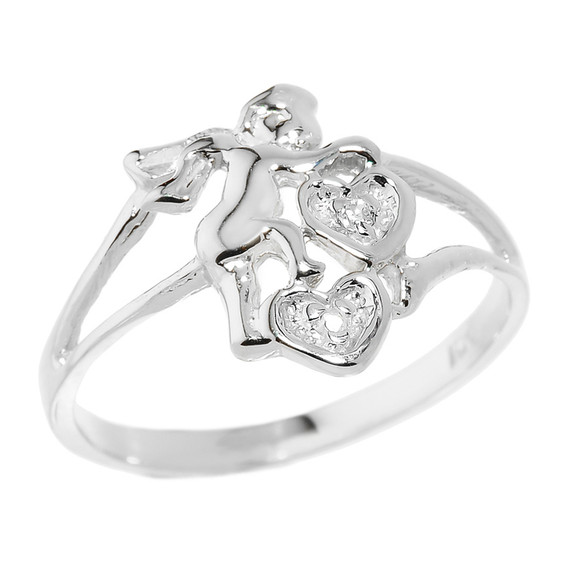 Sterling Silver Angel with Diamond and Hearts Ladies Ring