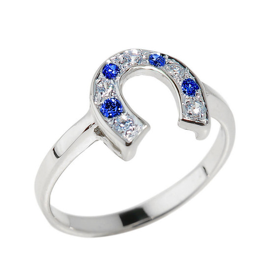 White Gold White and Blue CZ Horseshoe Ring