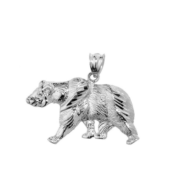 Solid White Gold Diamond Cut Bear Pendant