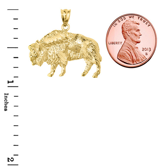 Yellow Gold Diamond Cut Bison Pendant Necklace