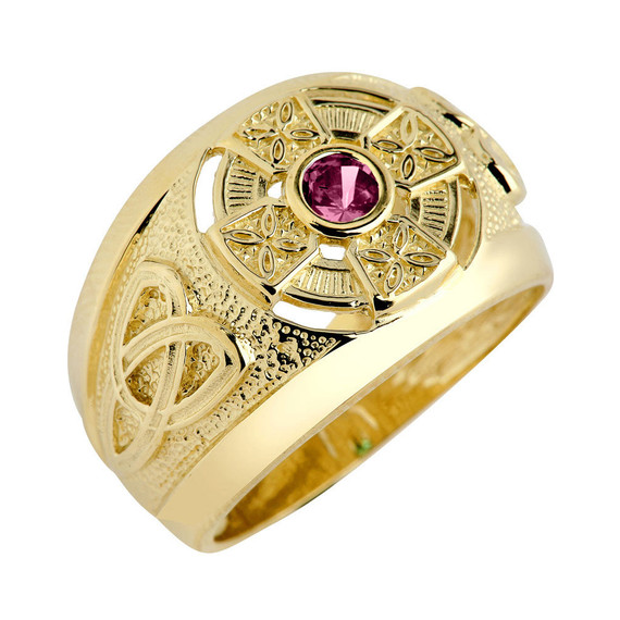 Yellow Gold Personalized Celtic Cross Birthstone Men's Ring