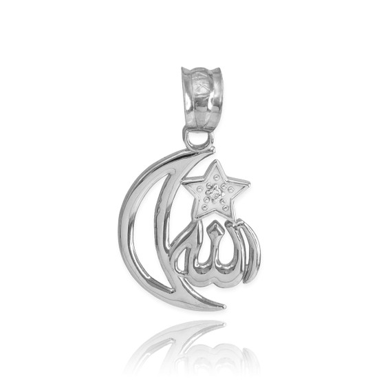 Sterling Silver CZ Crescent Moon Allah Pendant Necklace