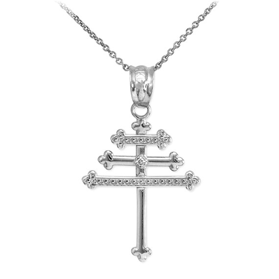 White Gold Diamond Maronite Aramaic Cross Necklace