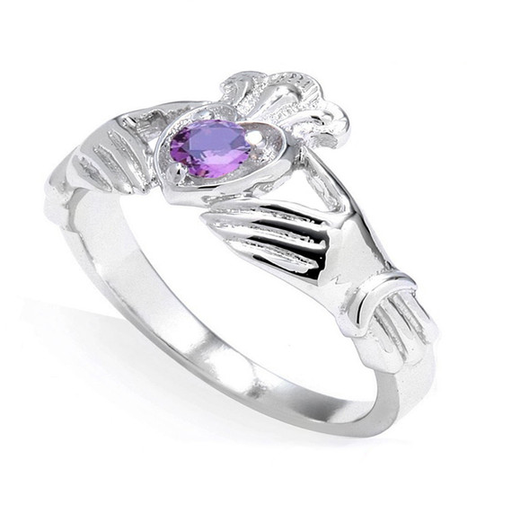 White Gold Cubic Zirconia Claddagh Birthstone Ring