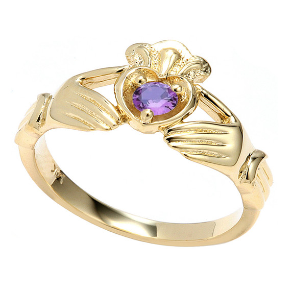 Yellow Gold Cubic Zirconia Claddagh Birthstone Ring