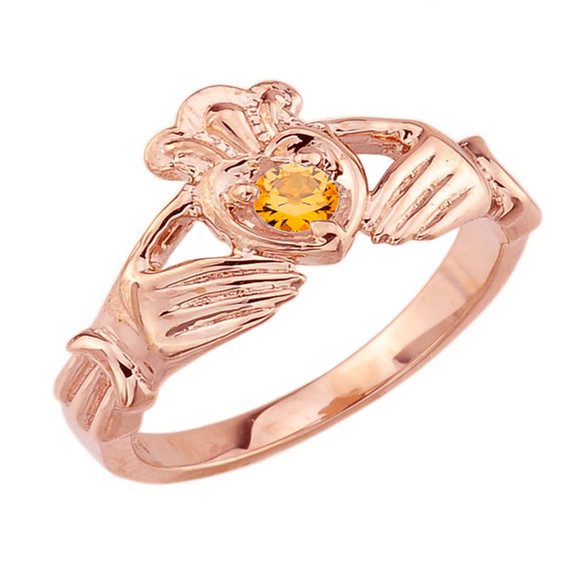 Rose Gold Cubic Zirconia Claddagh Birthstone Ring
