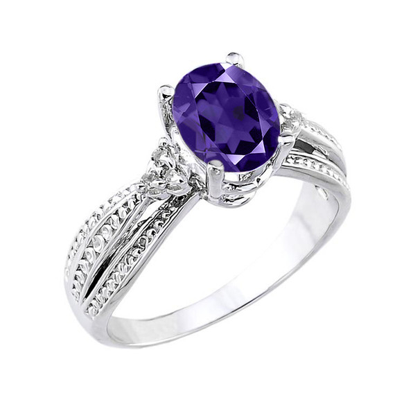 White Gold Genuine Amethyst and Diamond Proposal Ring