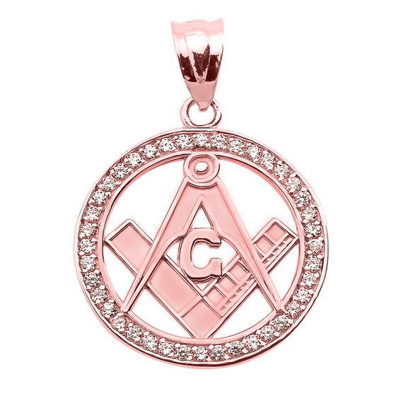 Rose Gold Diamond Studded Freemason Square & Compass Round Pendant