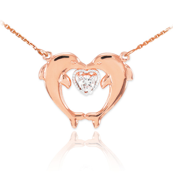 14k Rose Gold Two Dolphins CZ Necklace | Dolphin Necklaces