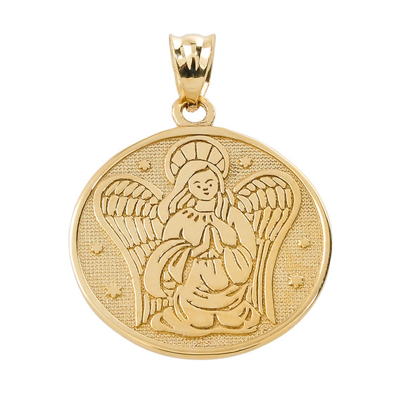 Two Sided Yellow Gold Guardian Angel Charm Pendant Necklace
