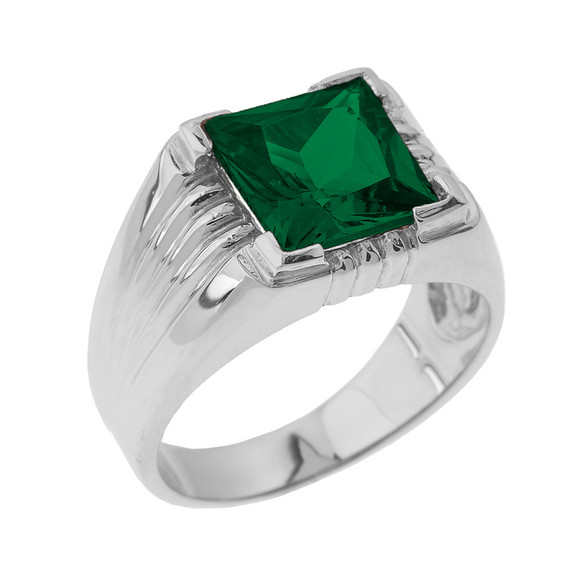 Solid White Gold Aquamarine Gemstone Men's Ring