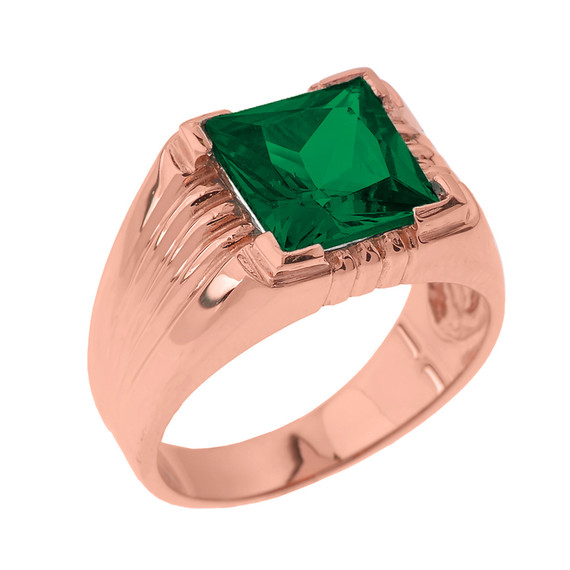 Solid Rose Gold Aquamarine Gemstone Men's Ring