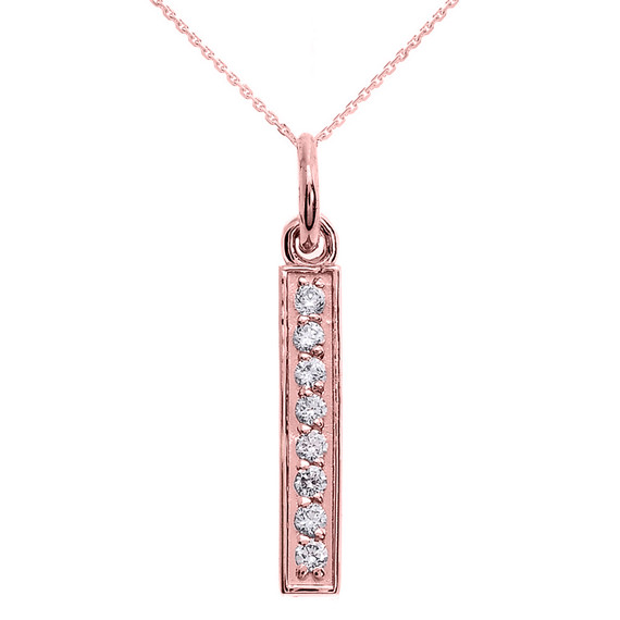 14k Rose Gold Vertical Bar Diamond Pendant Necklace