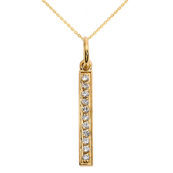 14k Yellow Gold Diamonds Studded Vertical Bar Pendant Necklace