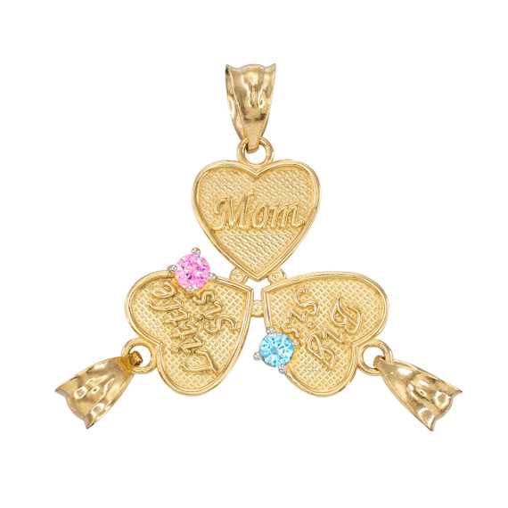 3pc Gold 'Mom' 'Big Sis' 'Little Sis' Dual CZ Birthstone Heart Charm Set