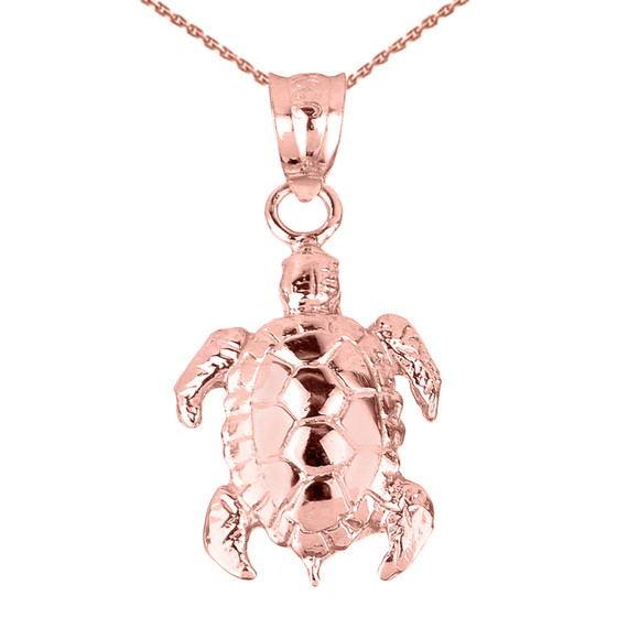 Solid Rose Gold Detailed Shell Turtle Charm Pendant Necklace