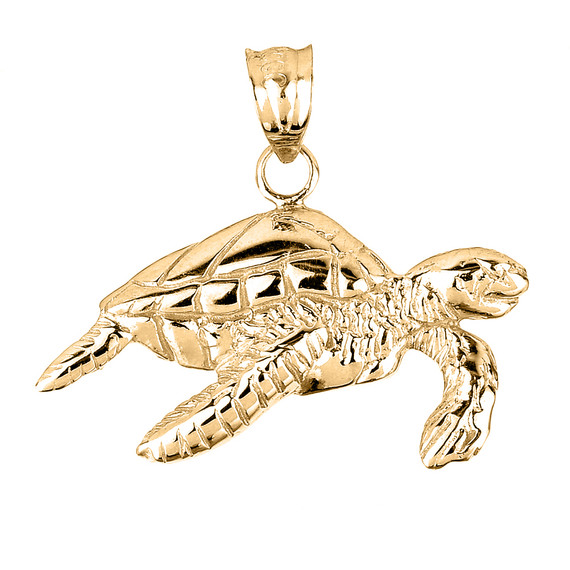 Solid Yellow Gold Sea Turtle Charm Pendant Necklace