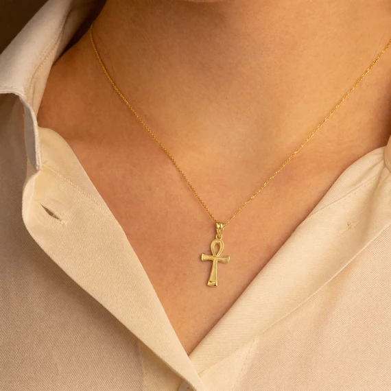 Gold Egyptian Ankh Cross Charm Pendant Necklace(Available in Yellow/Rose/White Gold)