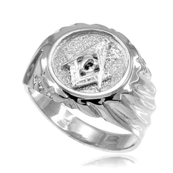 .925 Sterling Silver Freemason Square & Compass Men's Textured Round Signet Ring