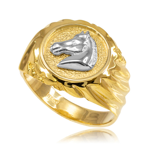 Two Tone Yellow Gold Horse Head Men's Textured Round Signet Ring