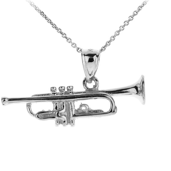 White Gold Three Dimensional Trumpet Pendant Necklace