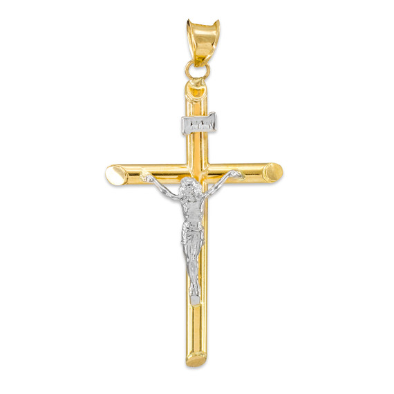 14K Two-Tone Gold Polished Tube Crucifix Pendant