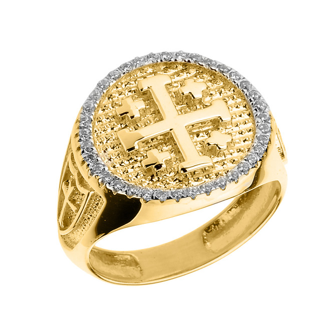 Yellow Gold Jerusalem Crusaders Cross Five Wounds of Christ Men's Ring