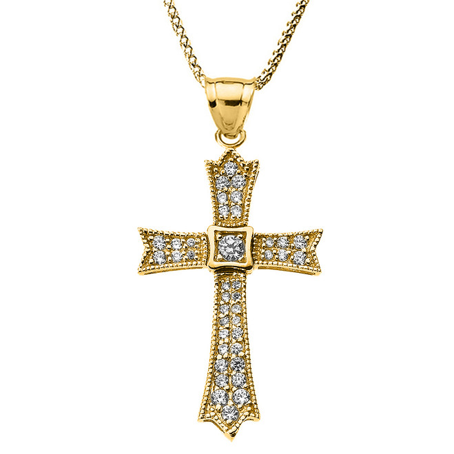 14k Yellow Gold Round Diamond Cross Necklace
