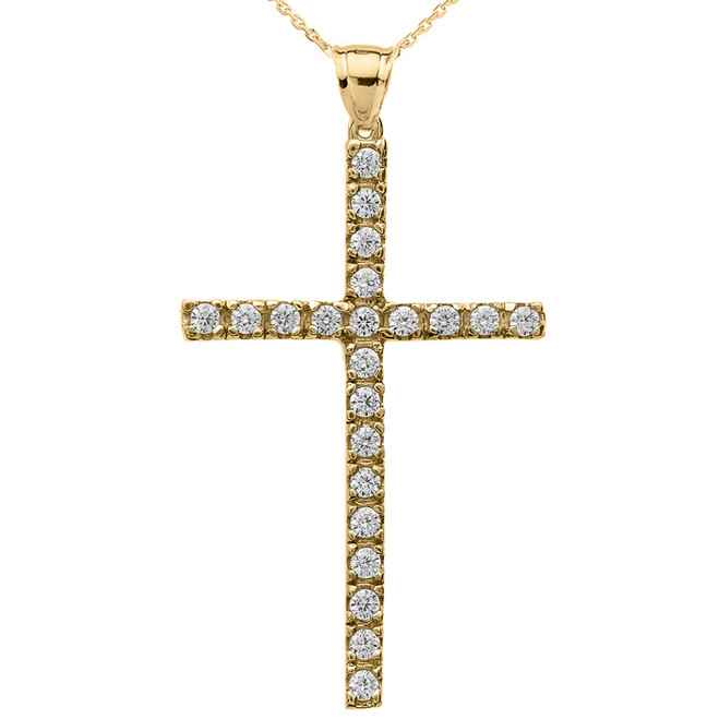 14k Yellow Gold Round Diamond Cross Pendant Necklace
