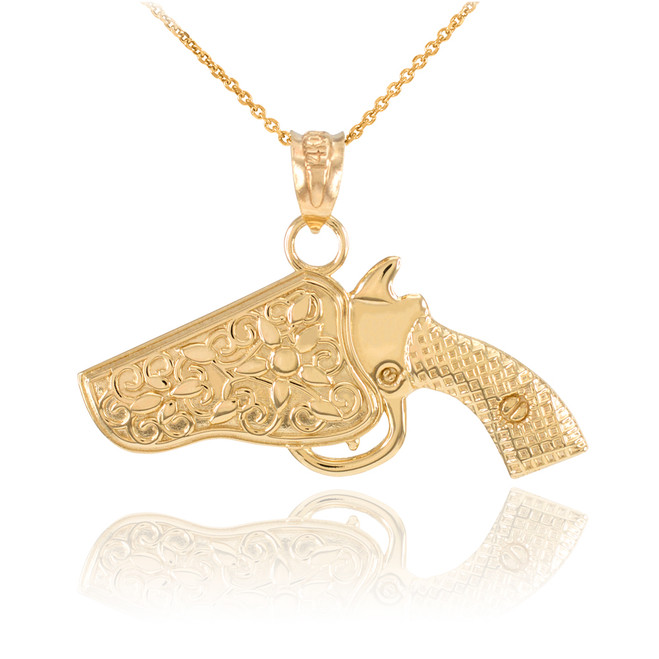Solid Gold Gun Revolver Pistol Pendant Necklace