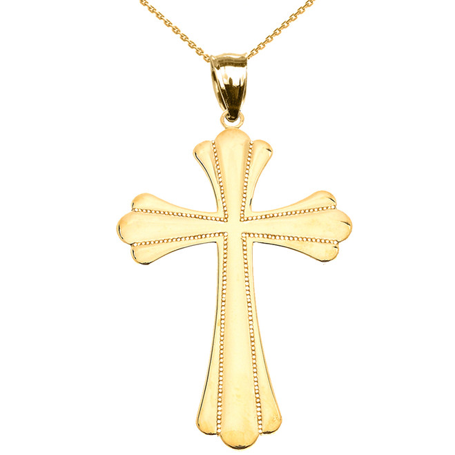 Yellow Gold High Polish Milgrain Cross Pendant Necklace (Medium)