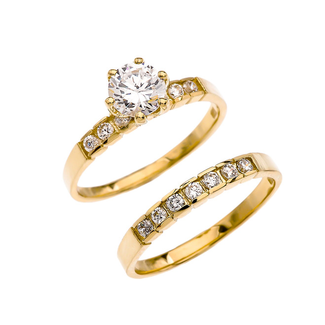 Yellow Gold Dainty Diamond Wedding Ring Set With 1 Carat White Topaz Center Stone