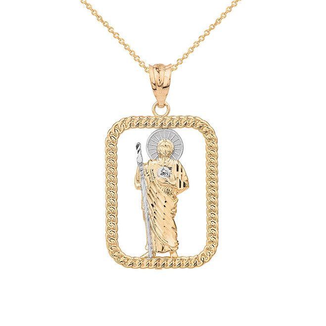 Solid Yellow Gold Rope Frame Diamond Cut Saint Jude Rectangle Pendant Necklace