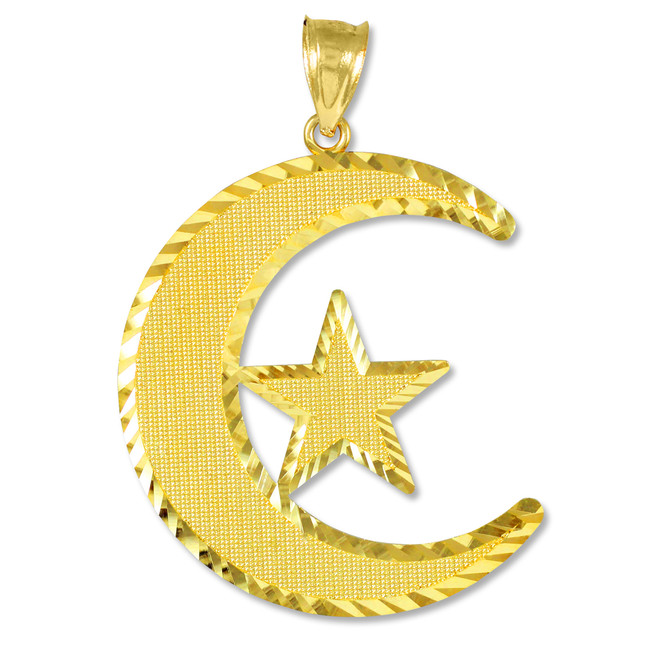 Gold Crescent Moon with Diamond Star Islamic Pendant Necklace
