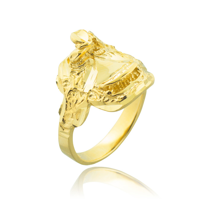 Gold Horse Head with Horseshoe Diamond Cut Ring Horse Rings