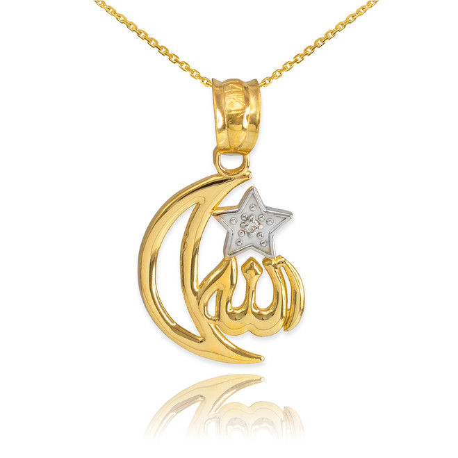 Gold Crescent Moon with Diamond Star Islamic Pendant Necklace