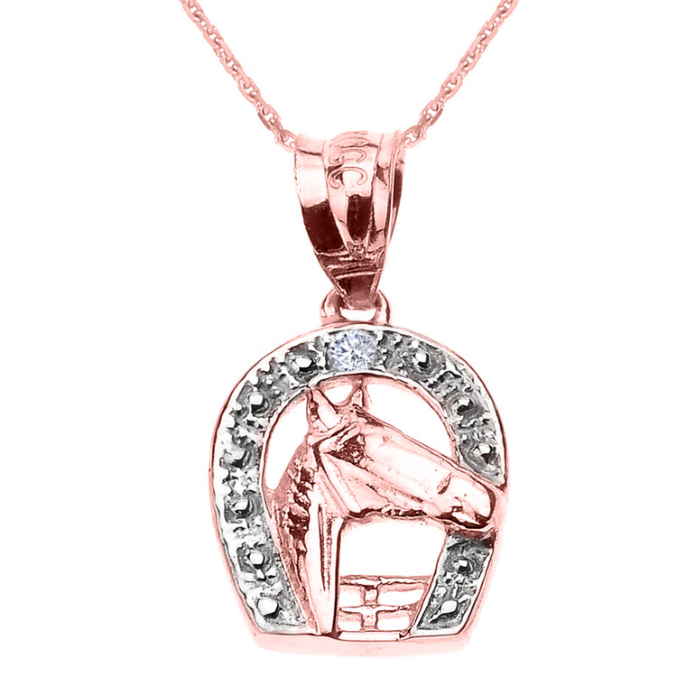 Rose Gold Diamond Horseshoe with Horse Head Pendant Necklace