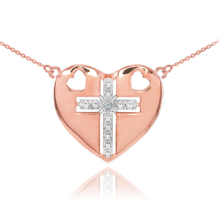 14K Two Tone Rose Gold Heart Cross Diamond Necklace