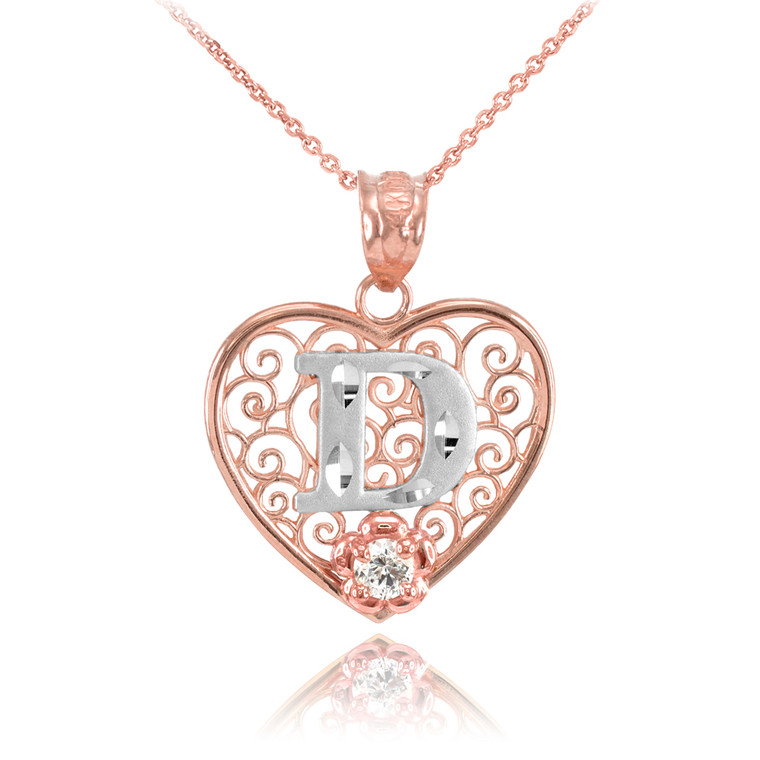 Two Tone Rose Gold Filigree Heart "D" Initial CZ Pendant Necklace