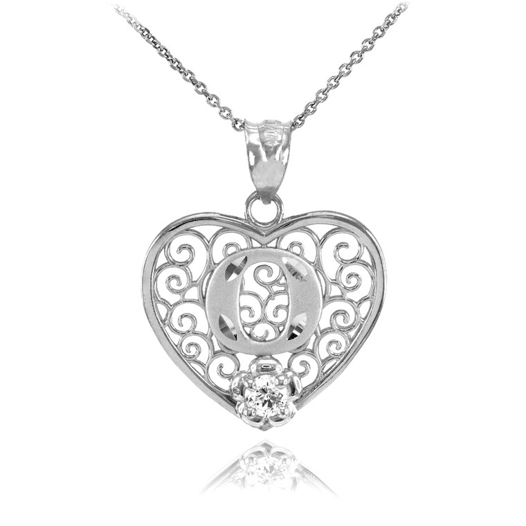 White Gold Filigree Heart "O" Initial CZ Pendant Necklace