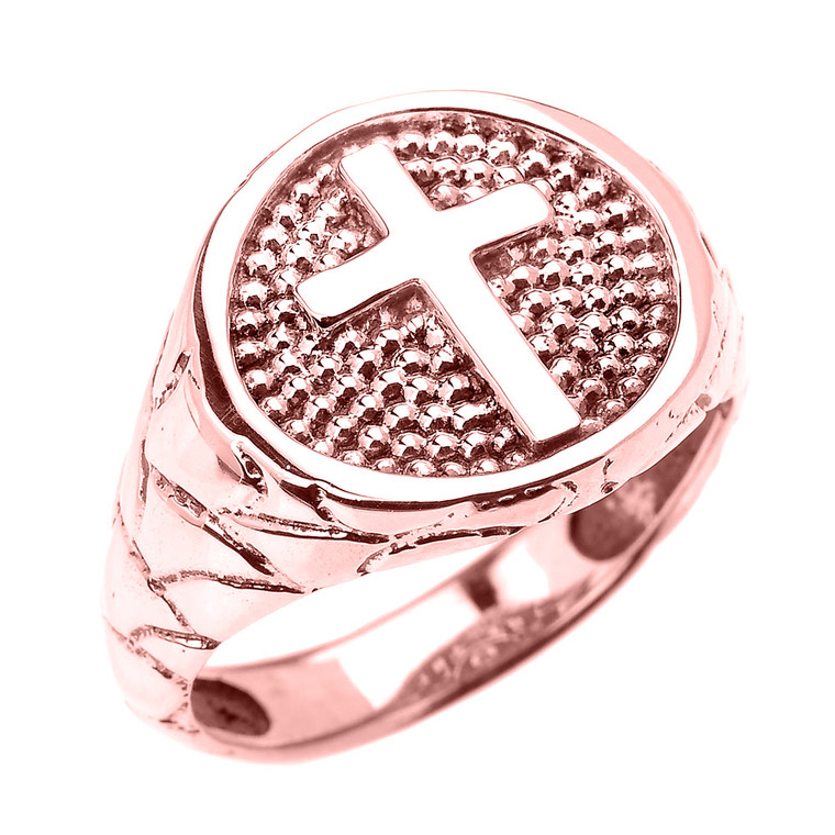 Rose Gold Textured Band Christian Religious Cross Men's Ring
