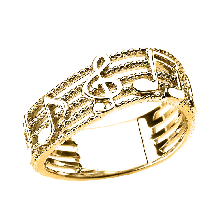 Yellow Gold Treble Clef with Musical Notes Wavy Band Ring 7.5 MM