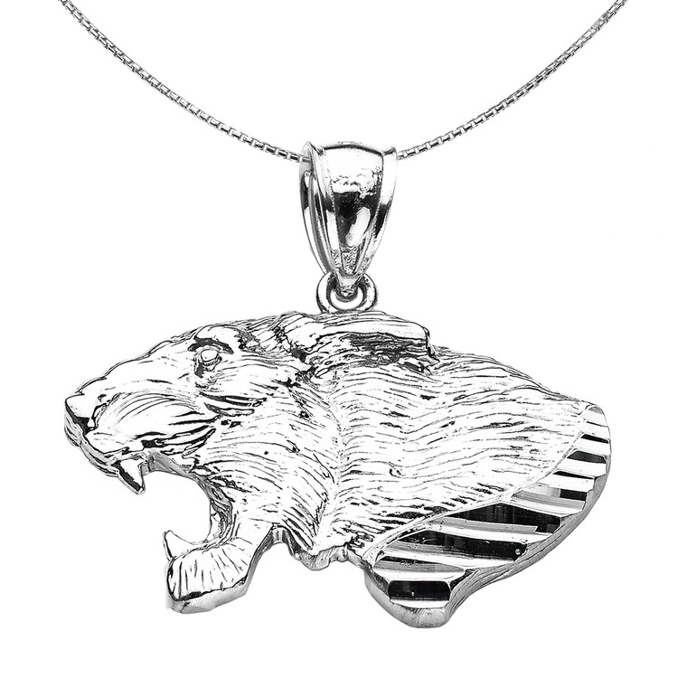 Sterling Silver Diamond Cut Roaring Lion Head Pendant Necklace