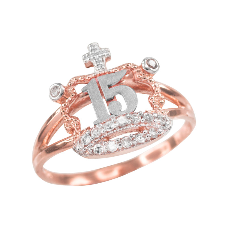 Two-tone Rose Gold Quinceanera 15 Años CZ Crown Ring