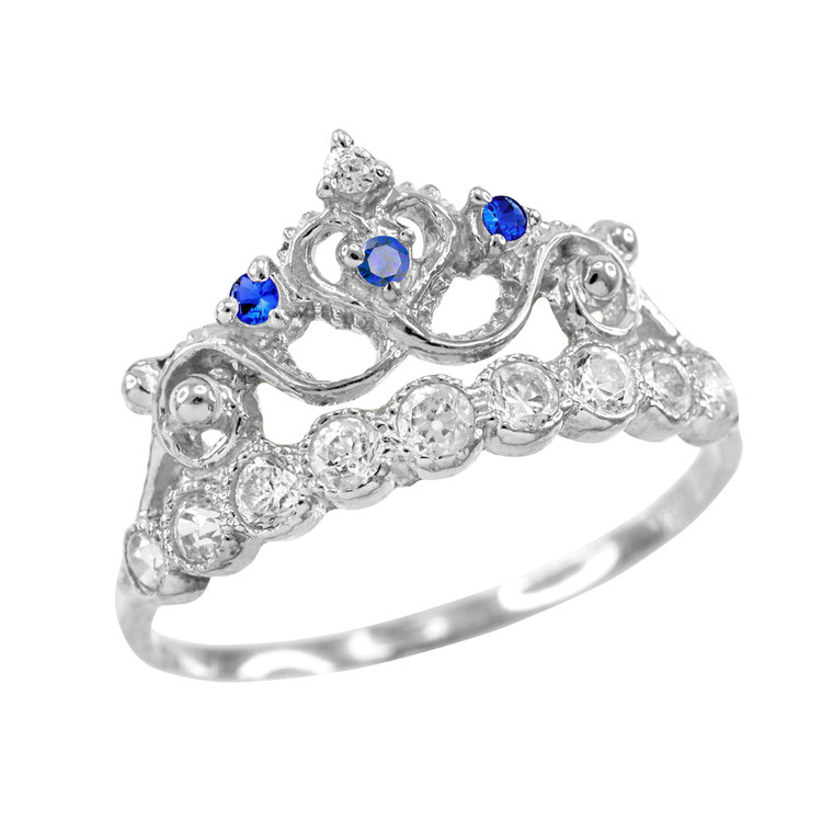 Blue CZ White Gold Crown Ring