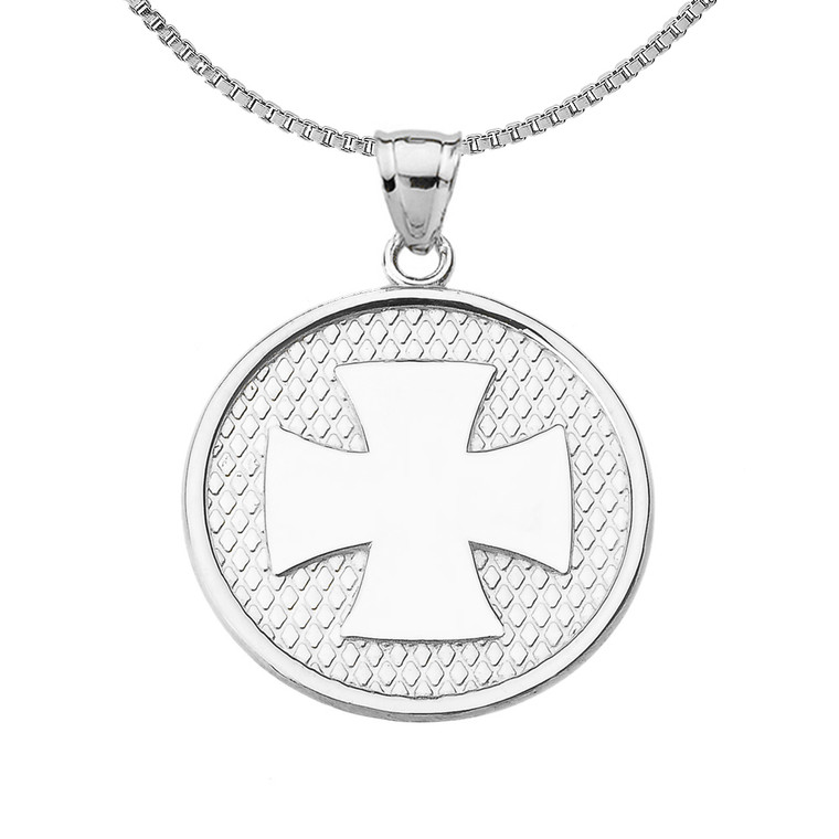 Sterling Silver Iron Cross Round Pendant Necklace