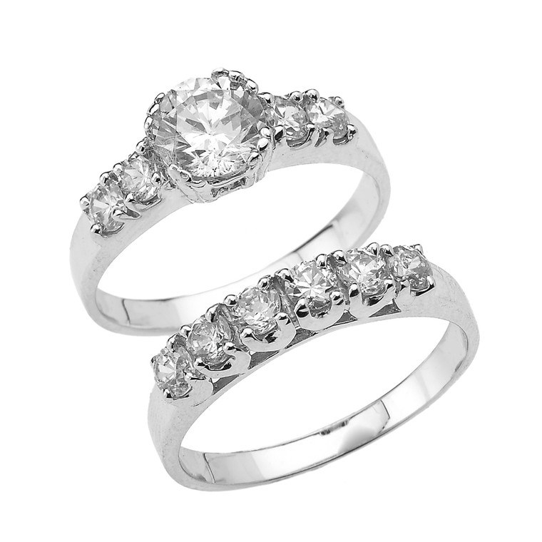 White Gold Round Cubic Zirconia Engagement Wedding Ring Set