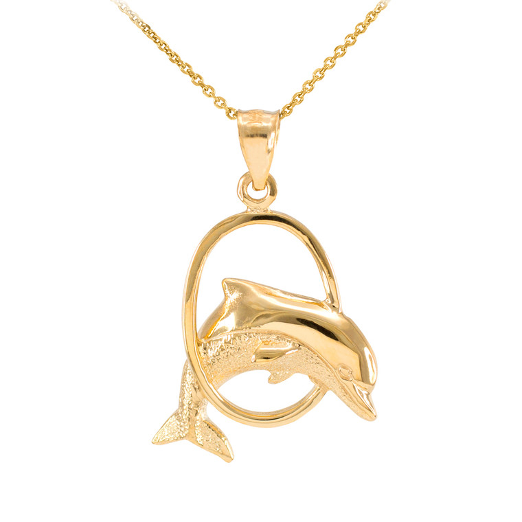 Solid Gold Hoop Jumping Dolphin Pendant Necklace